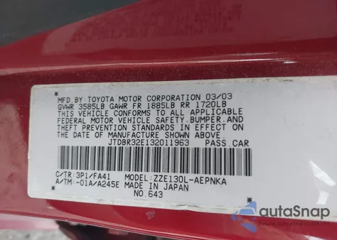 2003 Toyota Corolla Le from USA, damaged, VIN JTDBR32E132011963